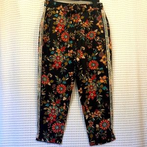 Anthro Floral Print Drawstring Pants with Beaded Trim